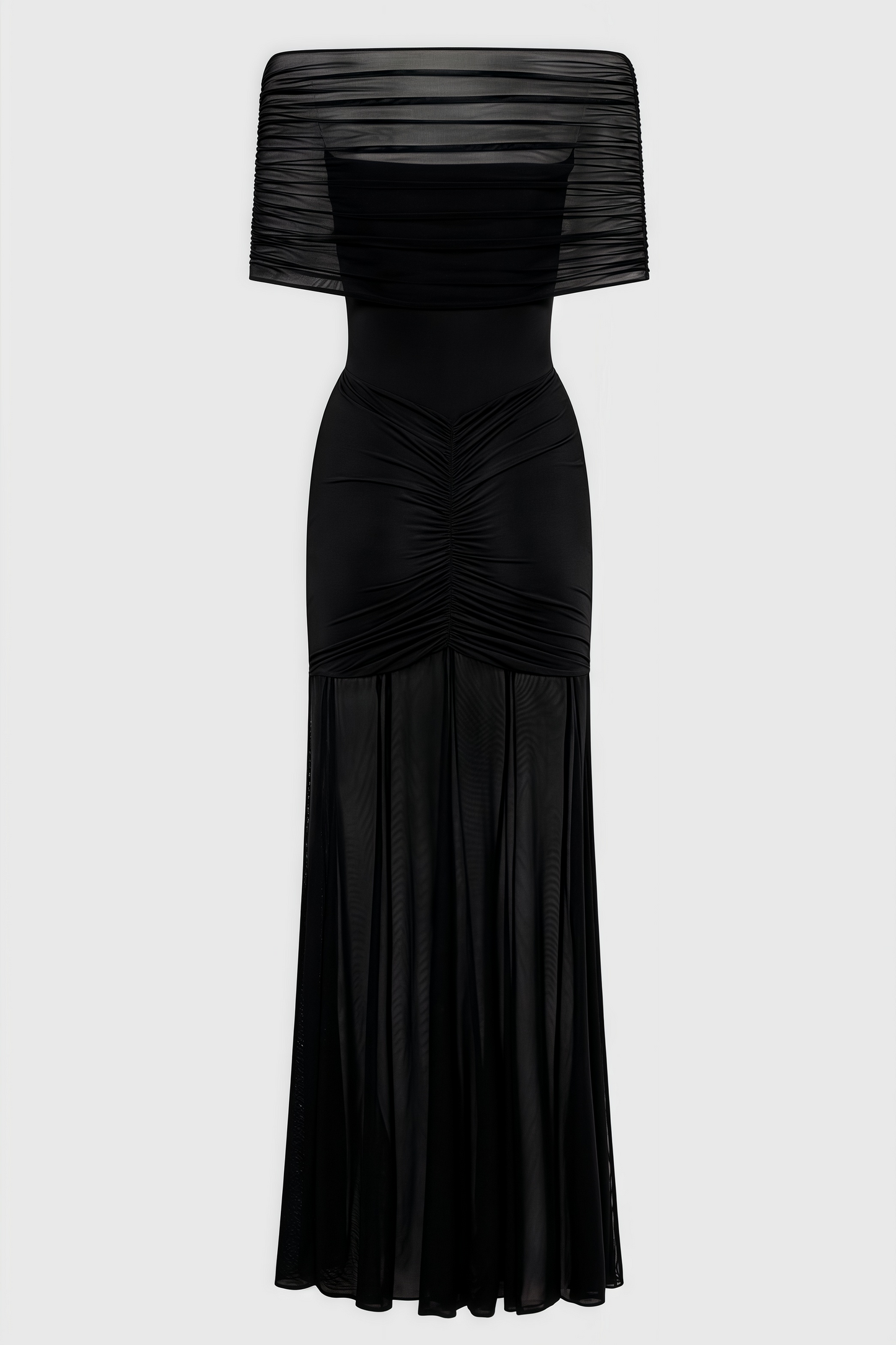 Nivenae Slinky And Mesh Off Shoulder Maxi Dress