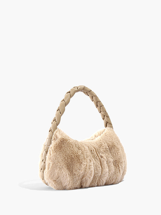 Plush Braid Handle Faux Fur Shoulder Bag