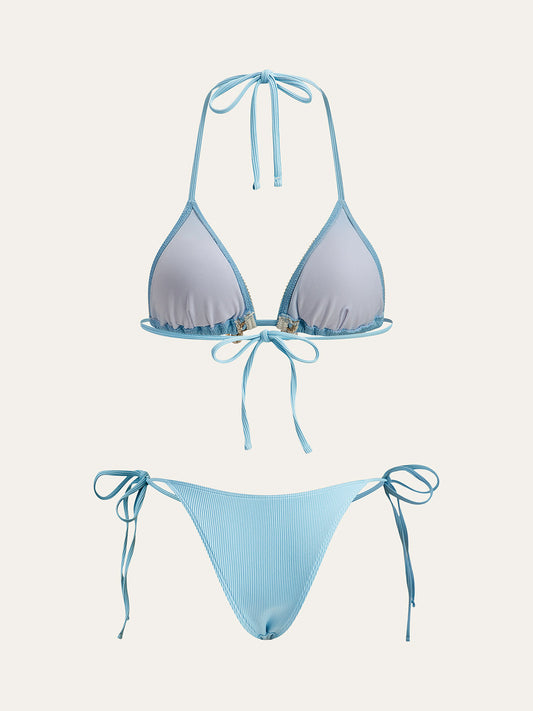 Shell-Embellished Tie-Up Triangle Bikini Set