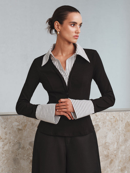 Mock Two-Piece Long-Sleeve Two Tone Polo Top