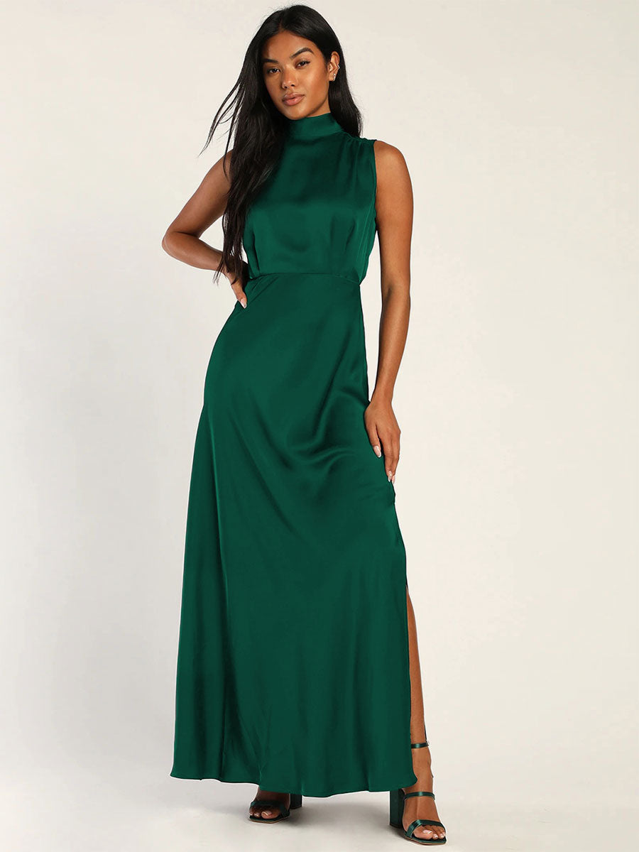 Maxi Dress High Collar Sleeveless Casual Low-slit Long Dress
