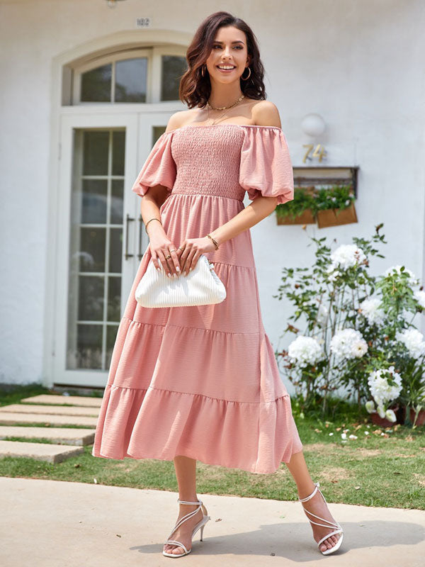 Summer Midi Dress Pink Bateau Neck Pleated Beach Dress
