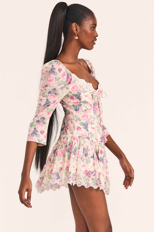 Floral Mid Sleeve Lace Up Ruffle Mini Dress