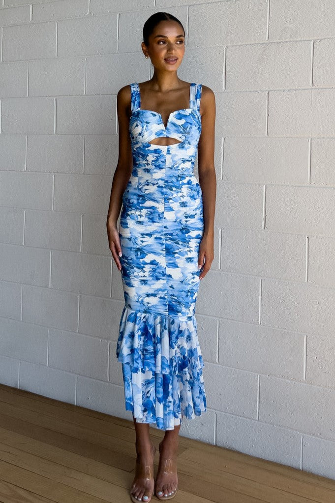 Floral Mesh Cut-Out Backless Midi Dress