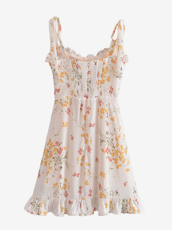 Mini Dresses Ecru White Floral Print Sleeveless Chiffon Short Dress