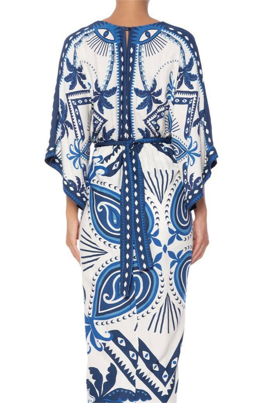 Paisley Print Lace Up Long Sleeve Midi Dress