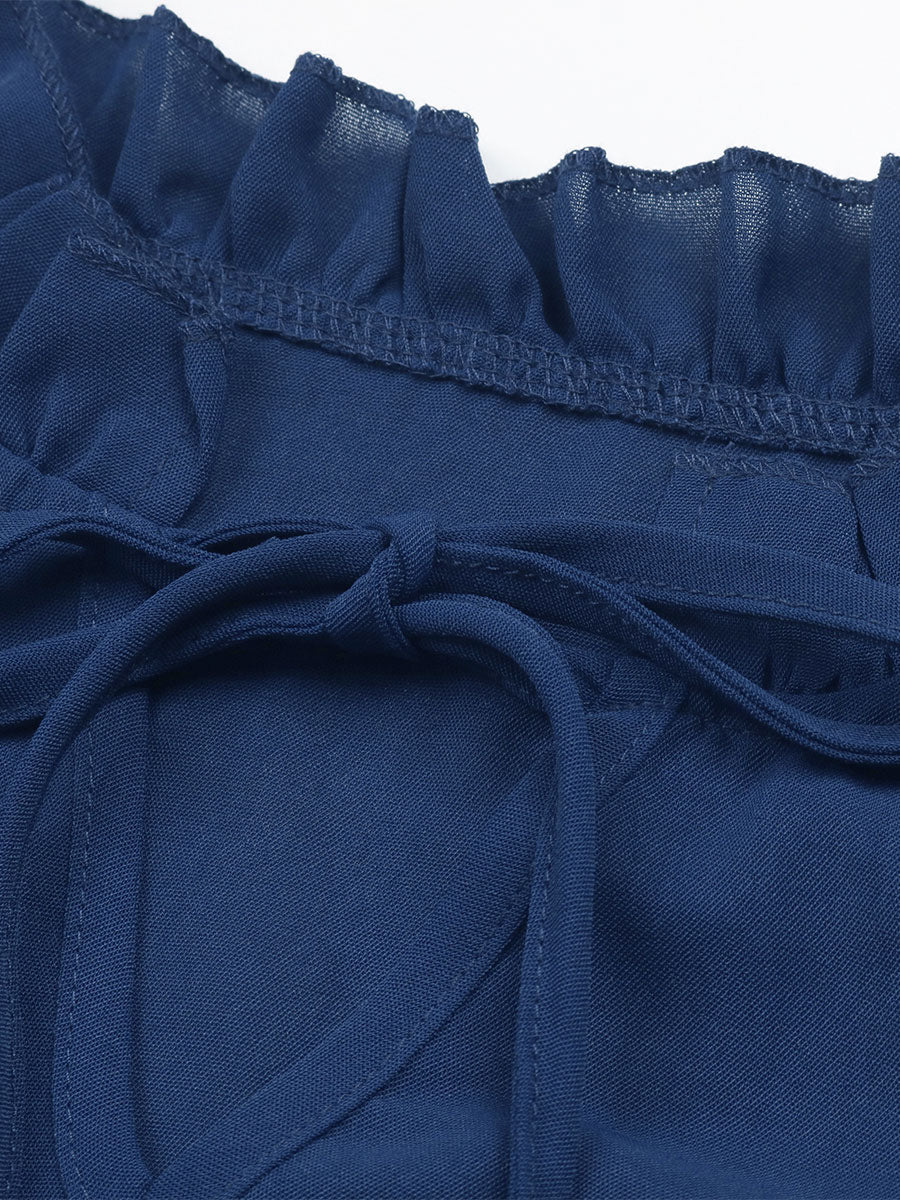 Summer Midi Dress Navy Blue Crewneck Pleated Beach Dress