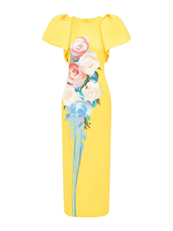Short Sleeves Floral Printed Split-back Round-neck Maxi Dresses