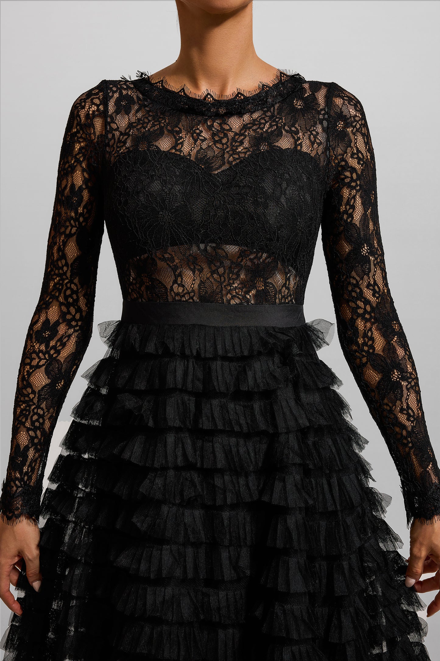 Lace Tiered Long Sleeve Midi Dress
