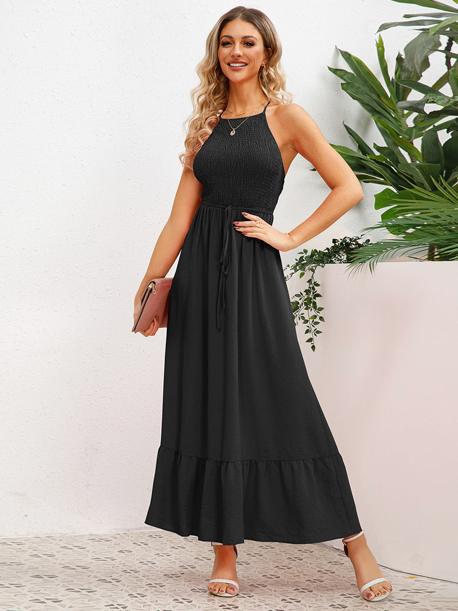 Party Dress Halter Open Back Pleated Front Belted Tiered Midi Dresses