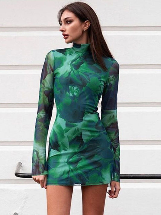 Tie-Dye Bodycon Dress Mock Neck Long Sleeves Slit Tulle Mini Dresses