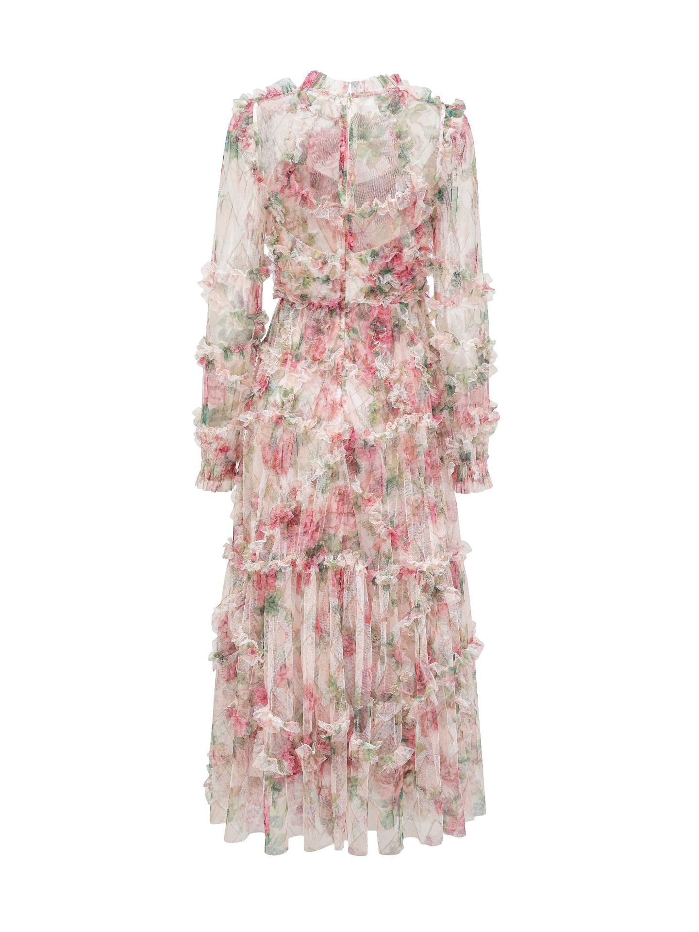 Floral Dress Illusion Neck And Sleeves High Collar Teried Party Maxi Dresses