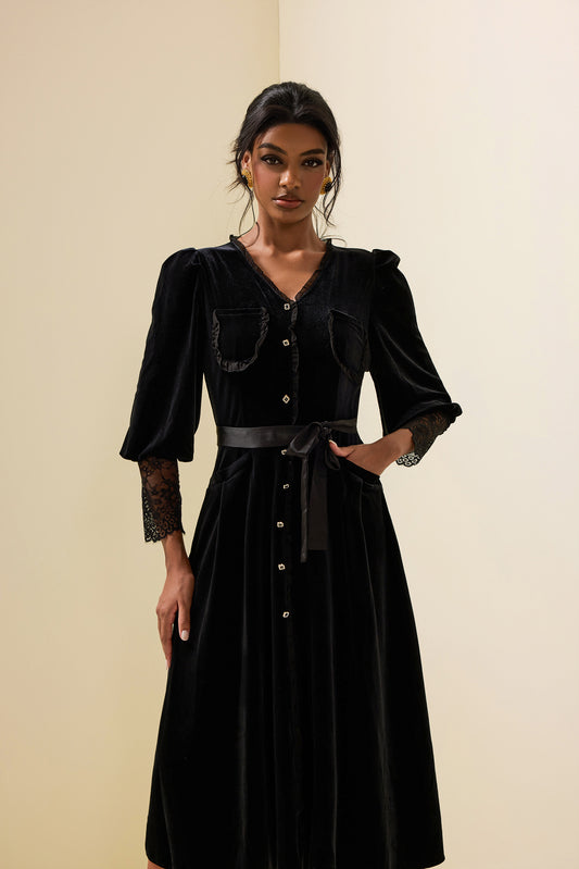 Solid Velvet Lace Long Sleeve Midi Dress
