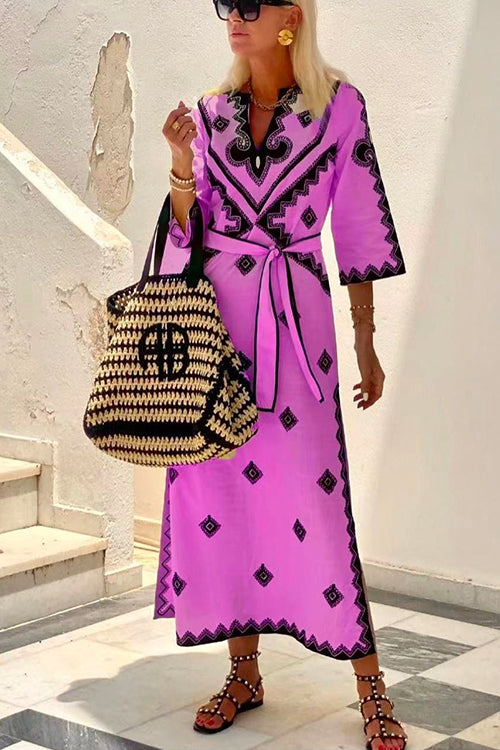 V Neck Tie Waist Side Split Bohemia Printed Maxi Dress