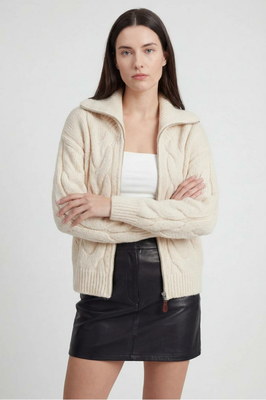 Maison Extra-Heavy Cable Knit Zip Cardigan | Turn-Down Collar | Relaxed Fit