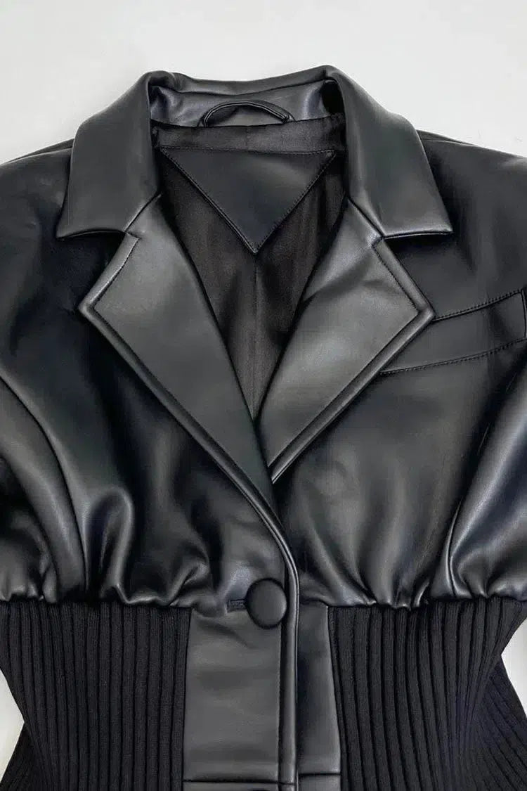 | Ribbed Knit Panels Faux Leather Jacket