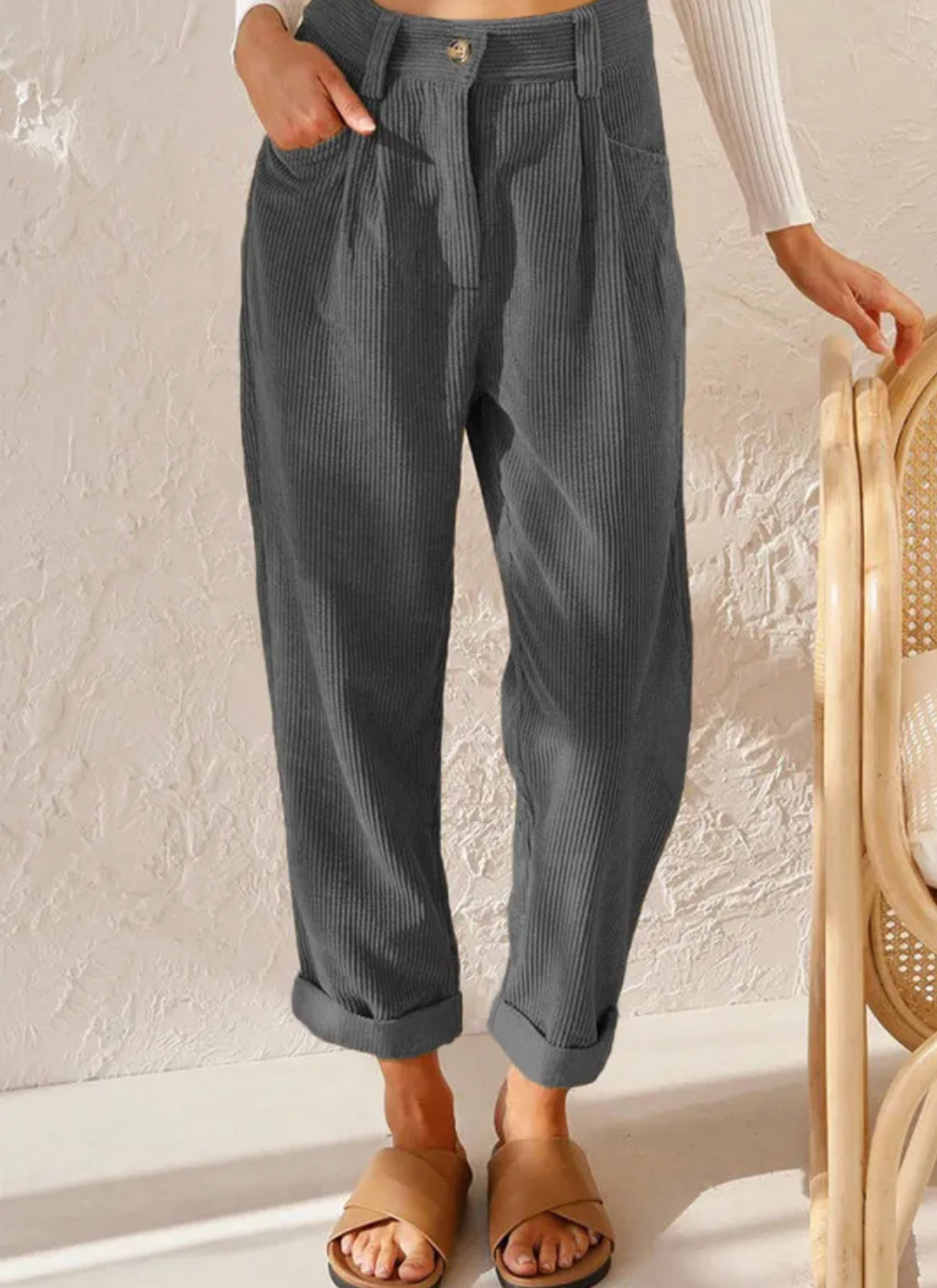 Women's High-Waisted Corduroy Capri Pants – Casual Three-Quarter Trousers