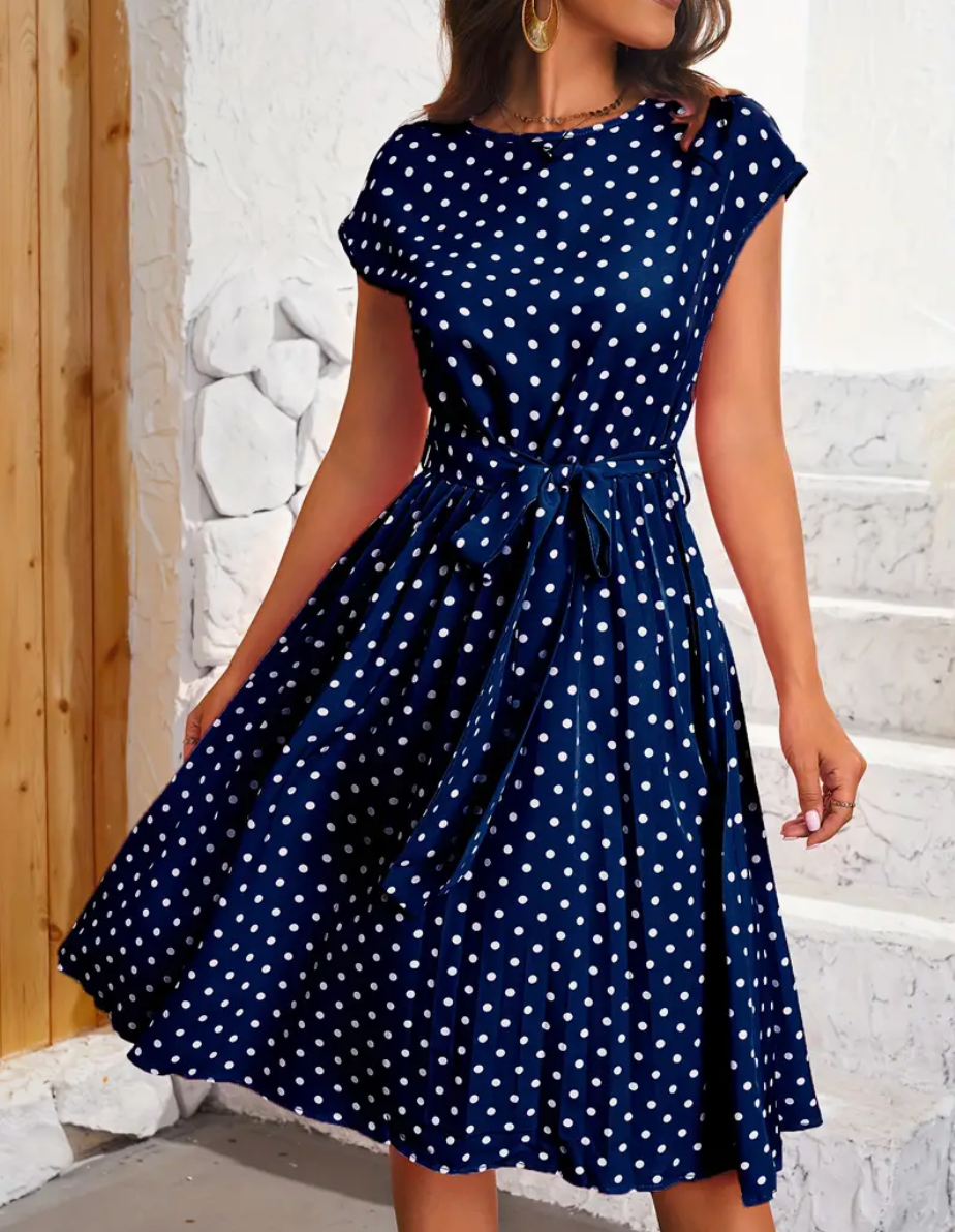 Polka Dot Cap Sleeve Self-Tie Waist Accordion Pleat Midi Dress