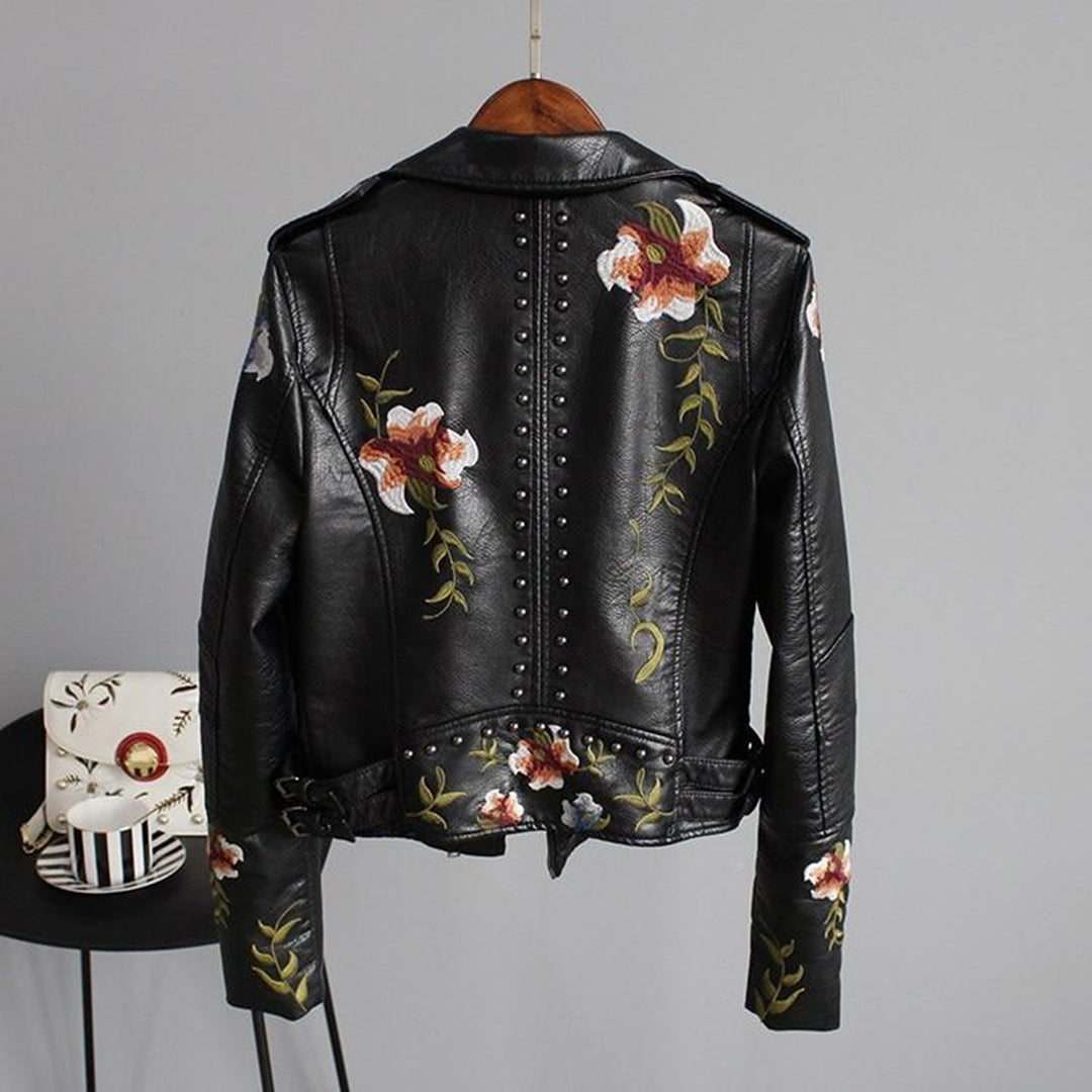 | Women's Floral Design Zip-up Biker Jacket
