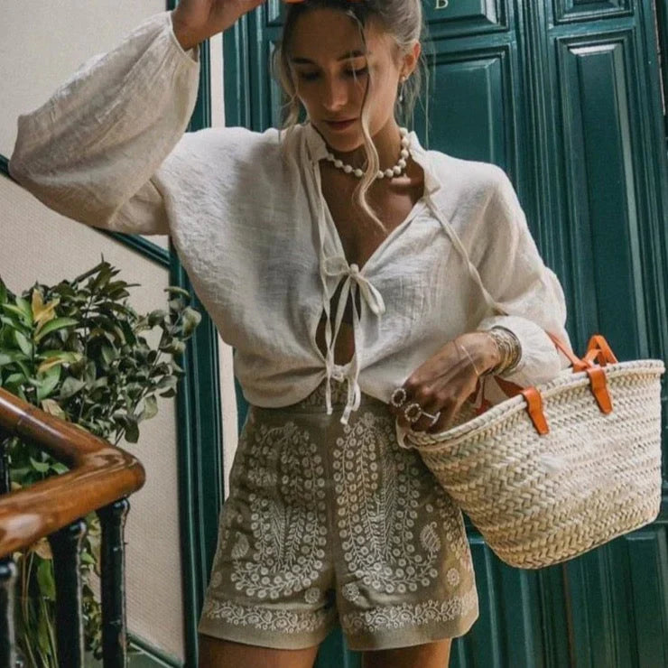 Boho-Style Women's Shorts with Floral Embroidery – Breathable Linen High Waist Summer Shorts