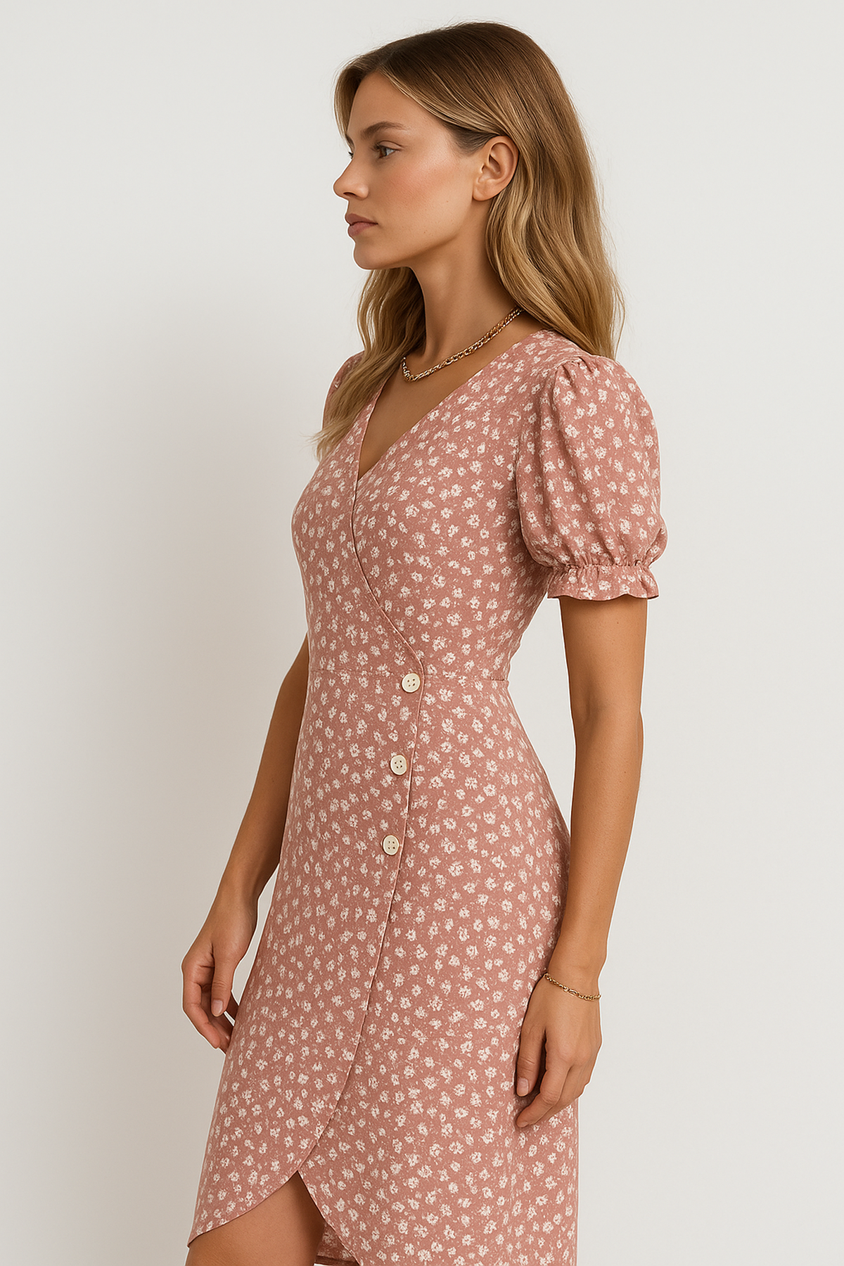 Maison V-Neck Midi Dress | Puff Sleeve | Wrap Detail