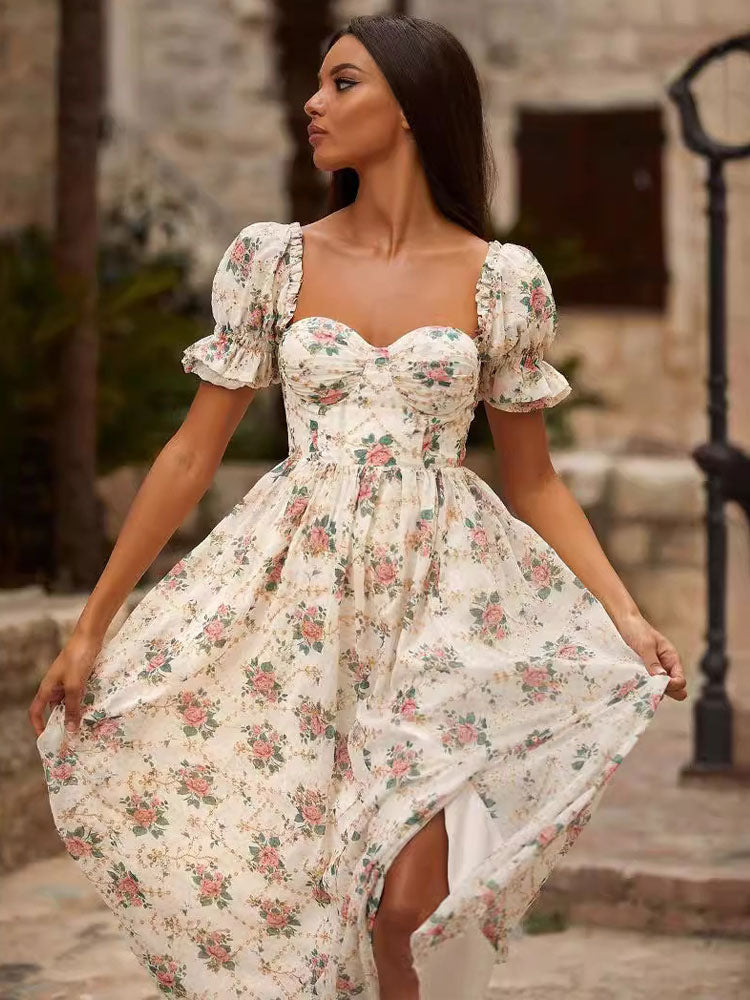 Corset Dress Square Neck Ruffles Lace Up Back Summer Casual Midi Dresses