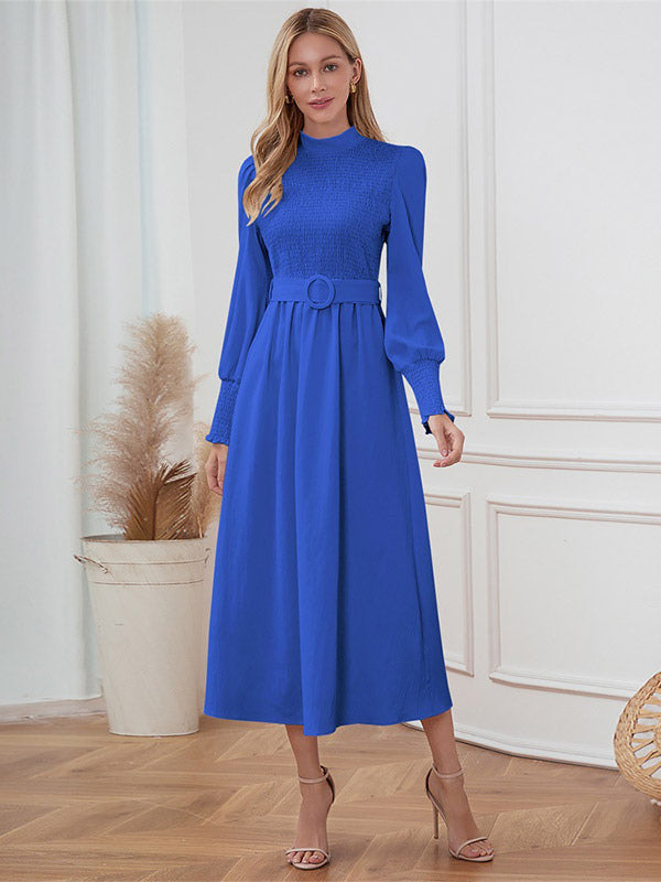 Midi Dress Pleated Polyester Elegant Crewneck Long Sleeves
