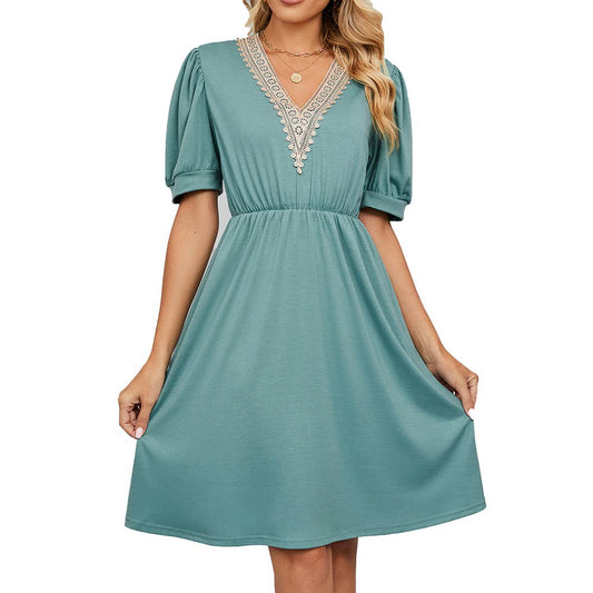 Lace V-Neck Short Sleeve Pocket Mini Dress in Various Colors