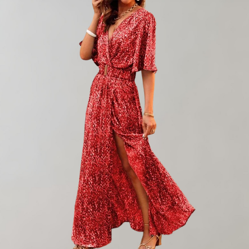 Abstract Print Wrap V-Neck Flutter Sleeve Belted High Slit Maxi Dress