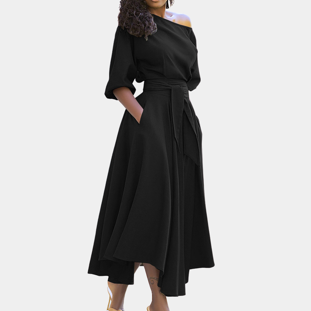 One Shoulder Puff Sleeve Self Tie Waist Asymmetrical Hem Pocket Midi Dress