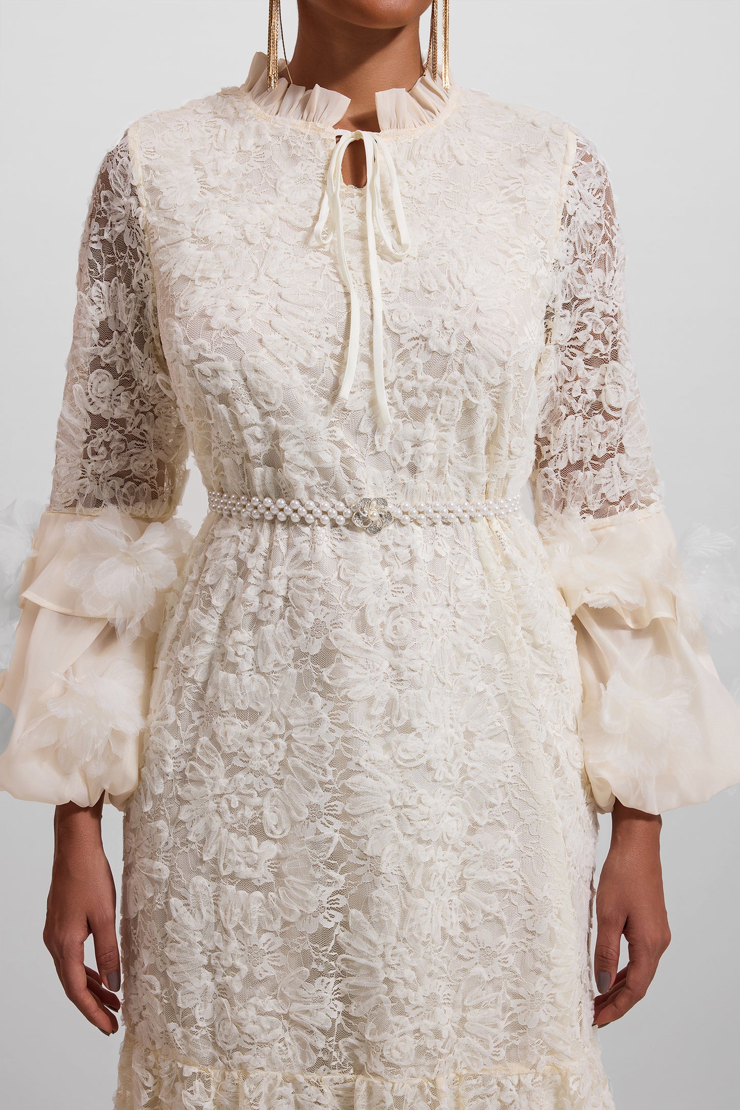 Solid Lace 3D Floral Midi Dress With Faux Pearl Belt