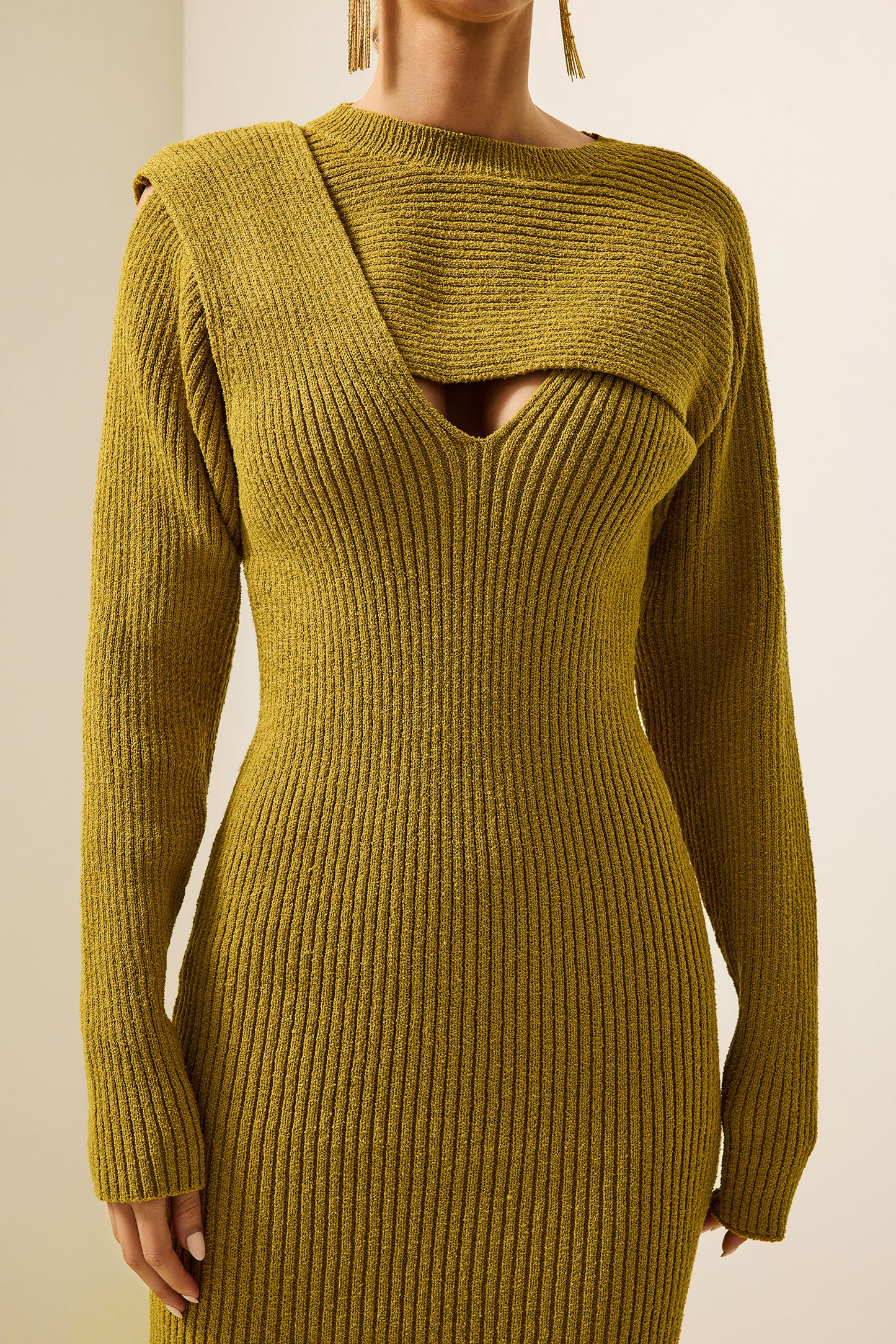 Solid Knit Knotted Long Sleeve Midi Dress
