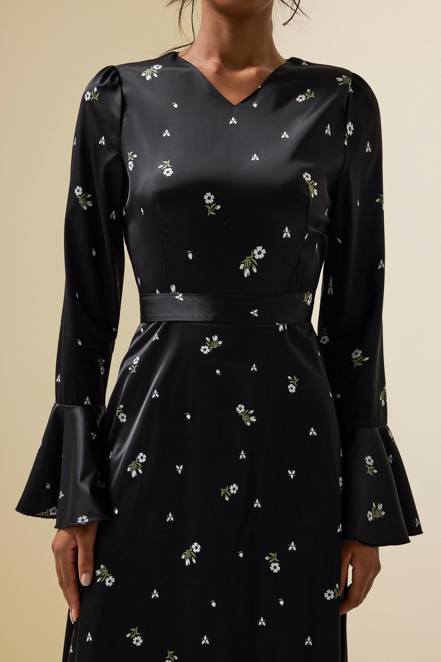 Satin Floral Ball Sleeve Midi Dress