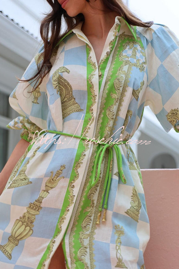 Unique Printed Long Sleeve Drawstring Pocket Shirt Midi Dress