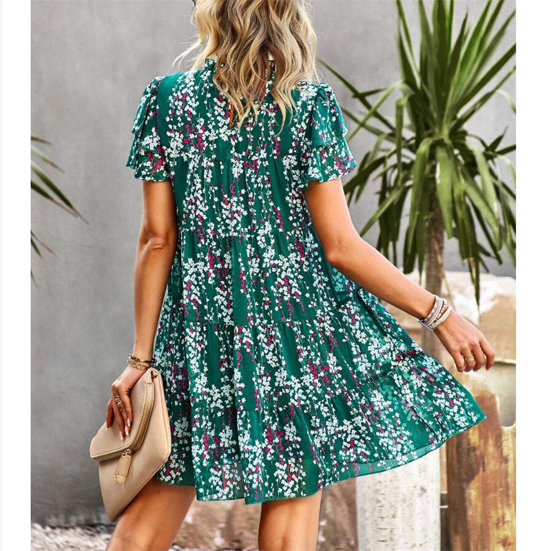 Bohemian Print Mini Dress with Round Neck for Women