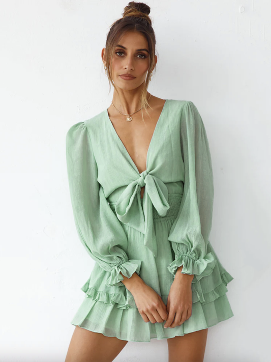 Mini Dresses Green V Neck Lace Up Long Sleeves Bows Chiffon Short Summer Dress