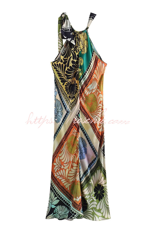Unique Printed Halterneck Sleeveless Loose Lace-up Midi Dress