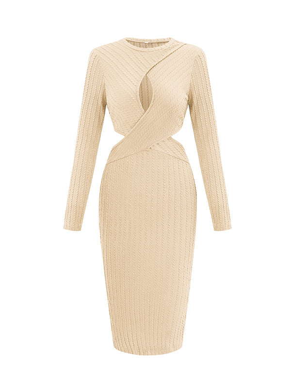 A-Line Long Sleeves Hollow Solid Color Split-Side Round-Neck Midi Dresses