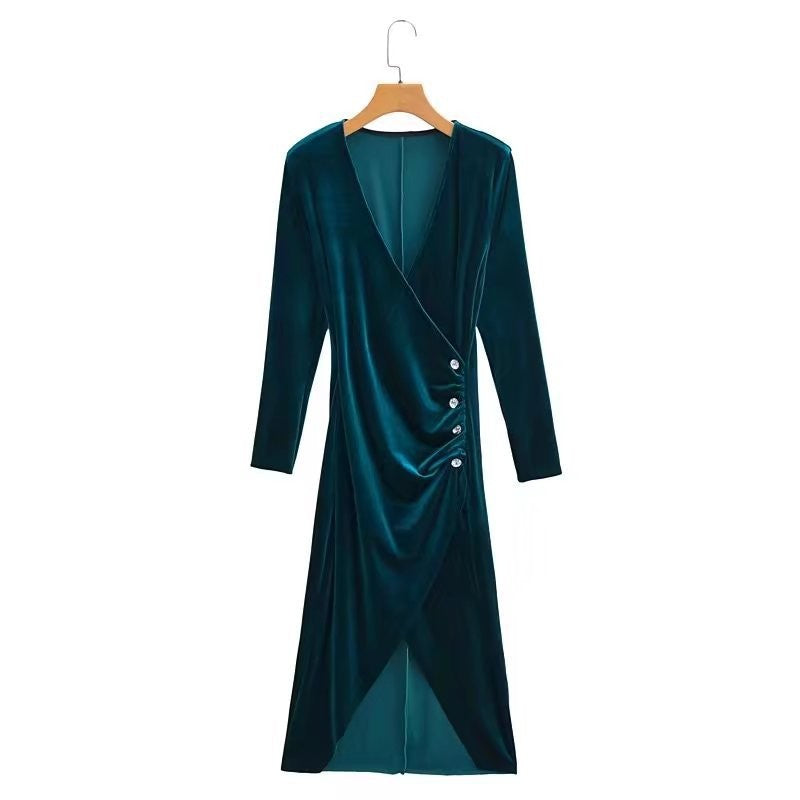 Winter Women Clothing Criss Cross Vneck Long Sleeve Buckle Midi Dress Women