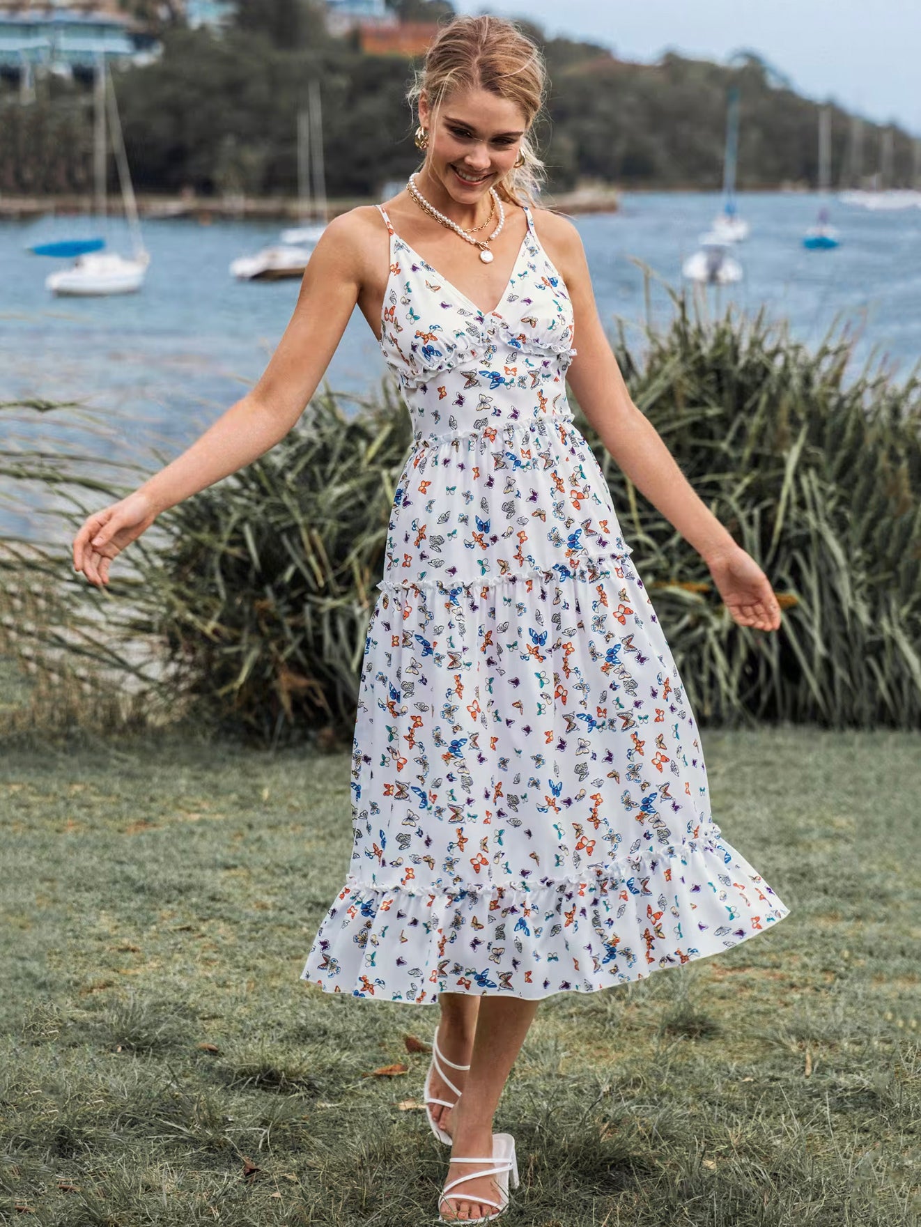 Summer Midi Dress White V-Neck Animal Print Beach Dress