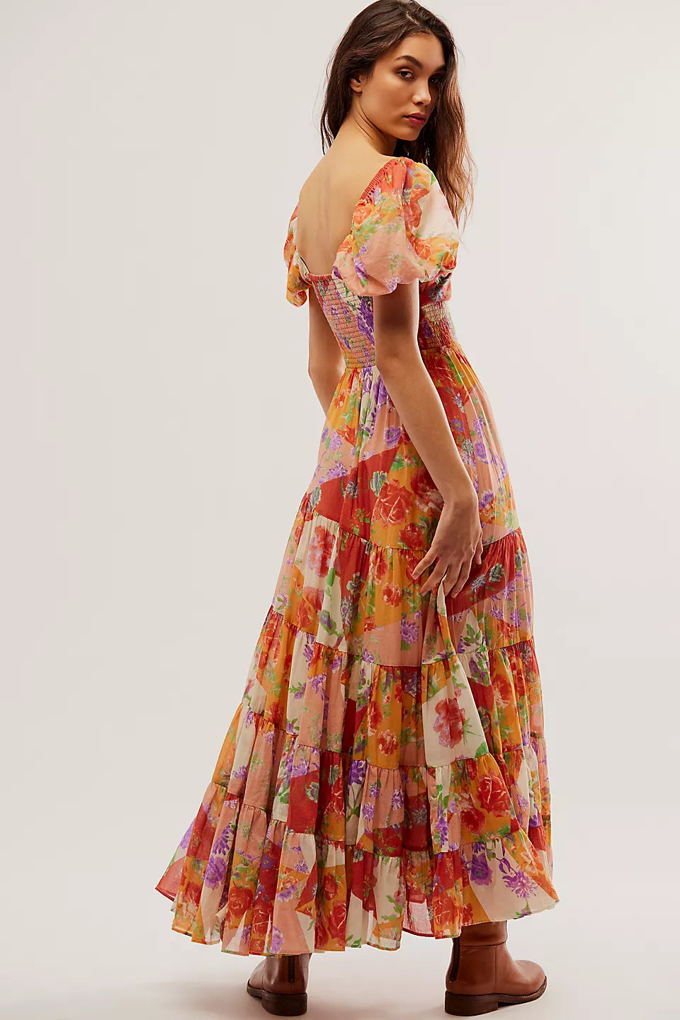 Floral Puff Sleeve Smocking Midi Dress