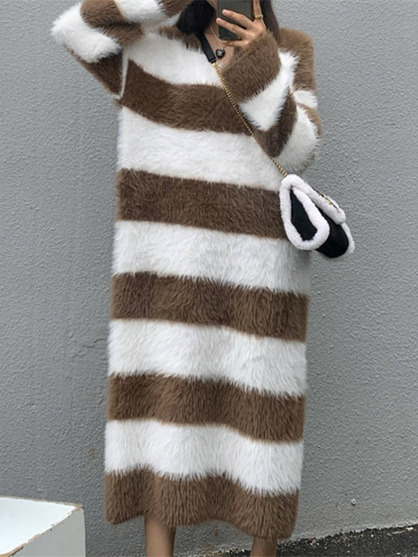 Long Sleeves Loose Striped V-Neck Knit Dresses Midi Dresses