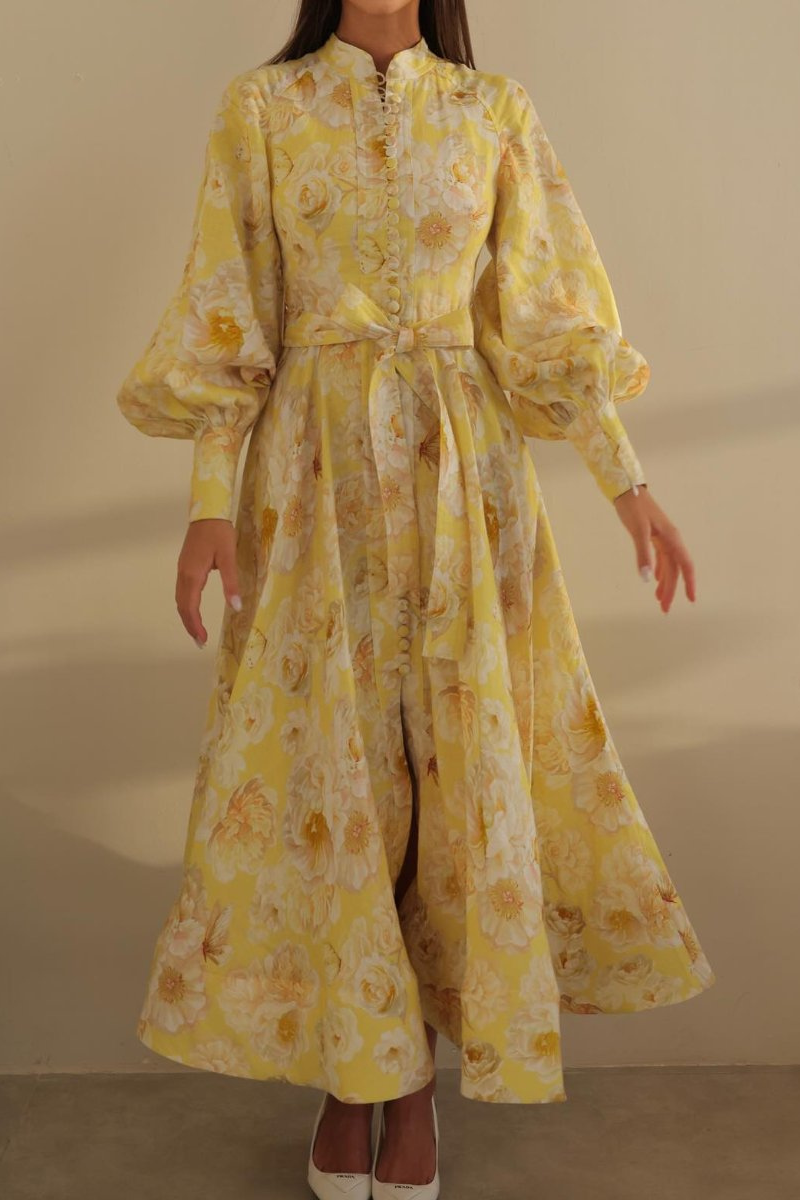 Floral Butterfly Print Mandarin Collar Balloon Sleeve Belted Maxi Dress