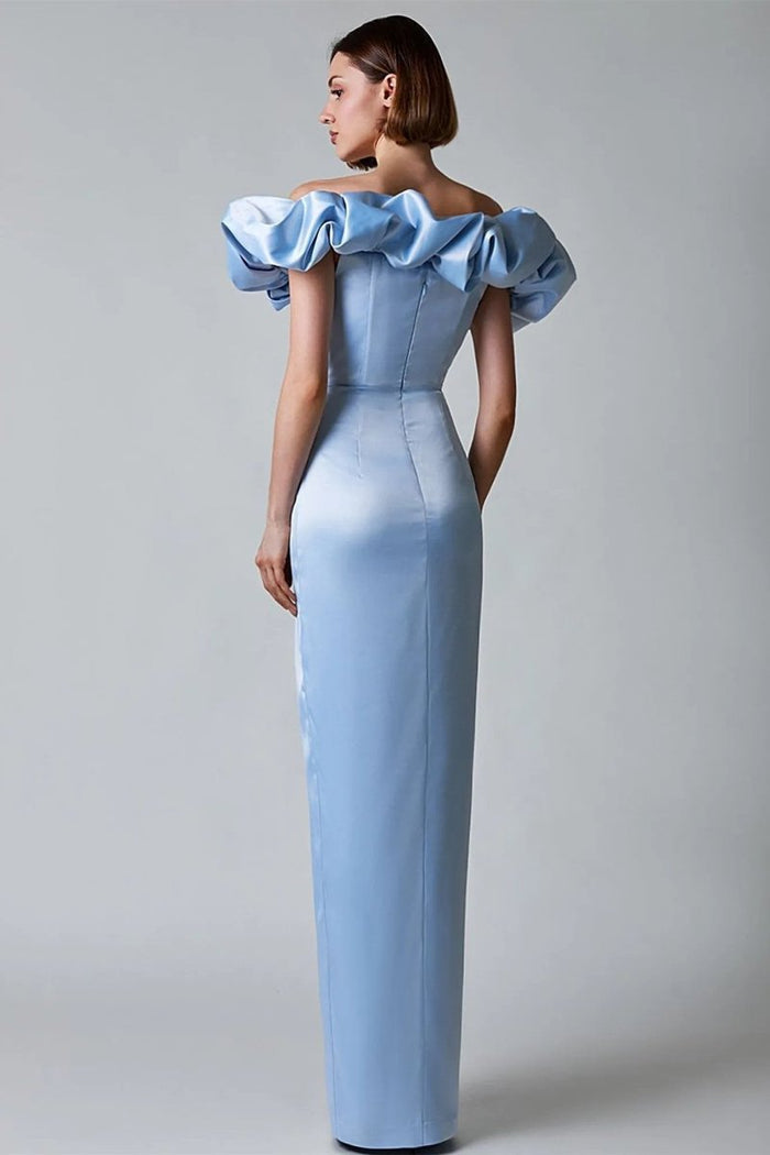 | Ruffled Neckline Off-Shoulder Satin Gown
