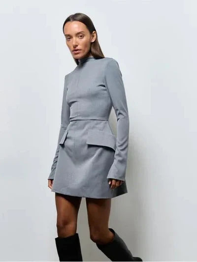 Mock Neck Padded Shoulder Hip Flap Bodycon Mini Dress