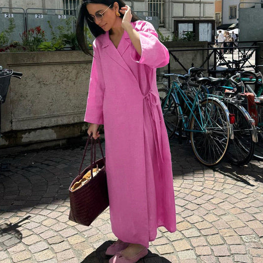 Pink cotton tie waist maxi dress