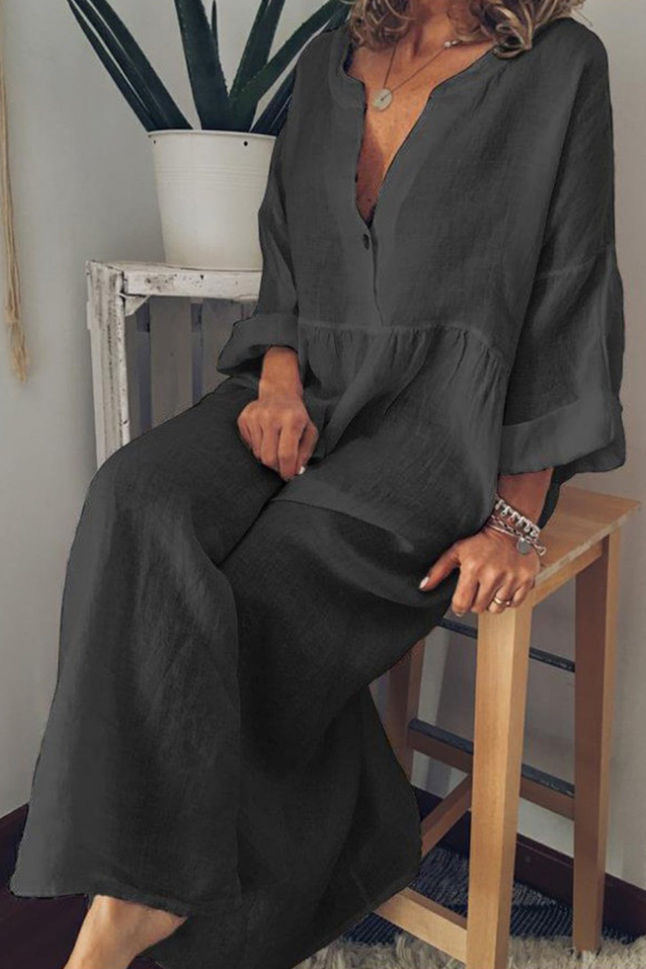 Cotton Linen V Neck Large Hem Dress