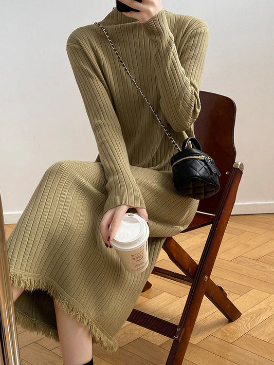 Long Sleeves Loose Fringed Solid Color Mock Neck Midi Dresses Sweater Dresses