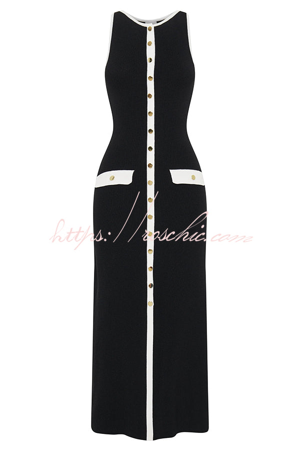 Elegant Slim Fit Crew Neck Buttoned Sleeveless Knit Midi Dress