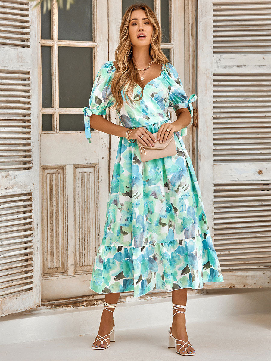 Floral Dress V-Neck Short Sleeves Casual Printed Midi Dress